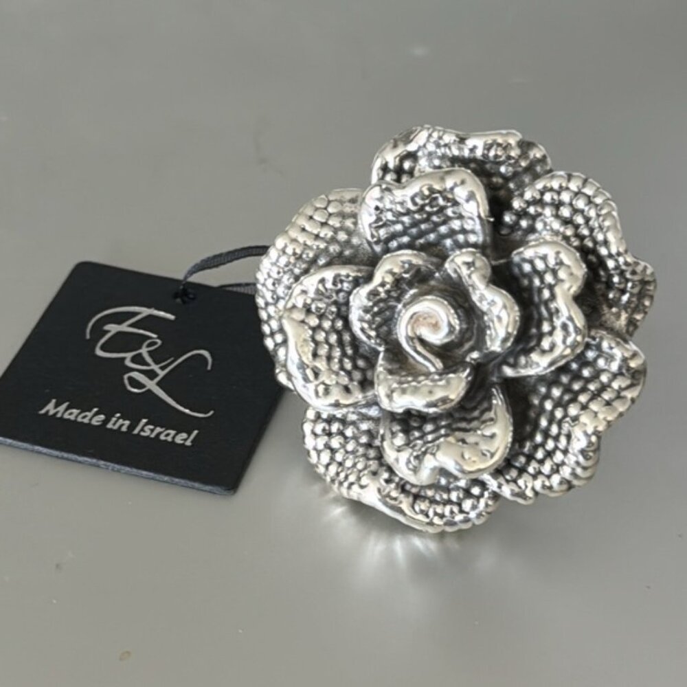 E&L Israel Sterling Silver Statement Flower Electroform Rose Ring  Sz.8